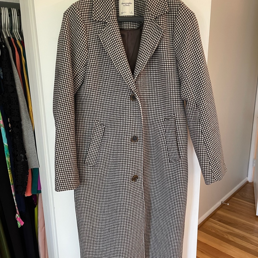 Abercrombie & Fitch dad coat houndstooth brown ivory sm